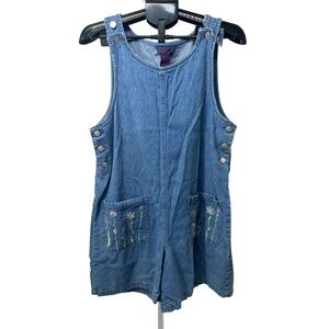 Denim & Co Light Blue Denim Embroidered Pocket Short Overalls Size Medium